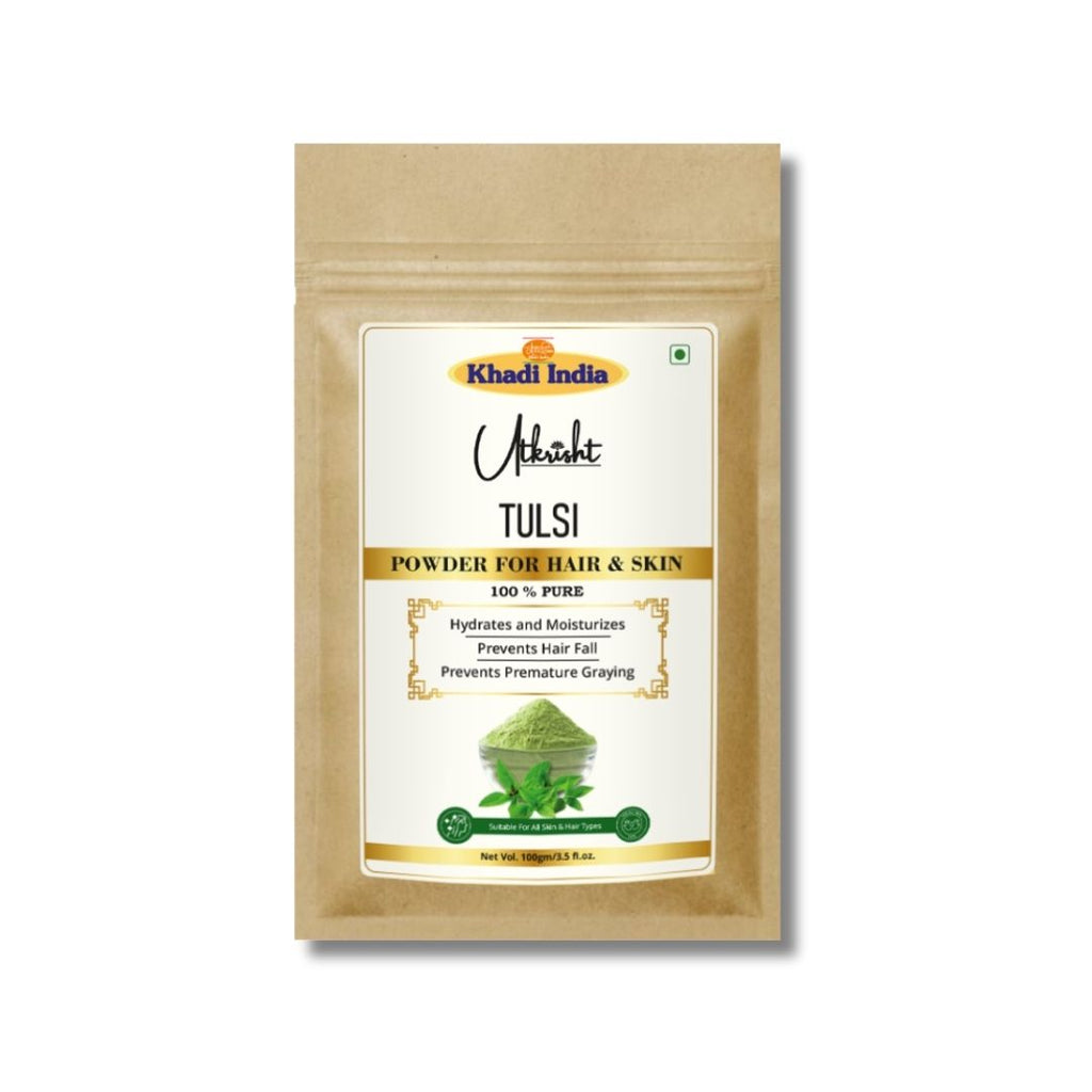 Utkrisht Khadi Tulsi Hair & Skin Powder – 100% Natural Holy Basil for Acne, Dandruff & Skin Detox - 100gm